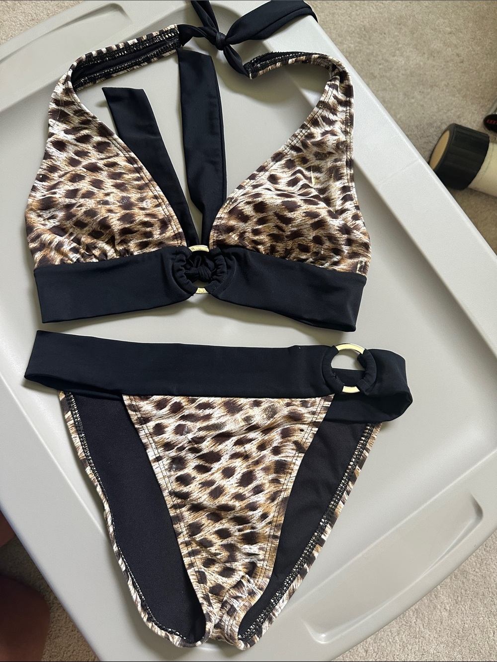 Guess Collection Leopard Print Halter Bikini Set with Black Trim